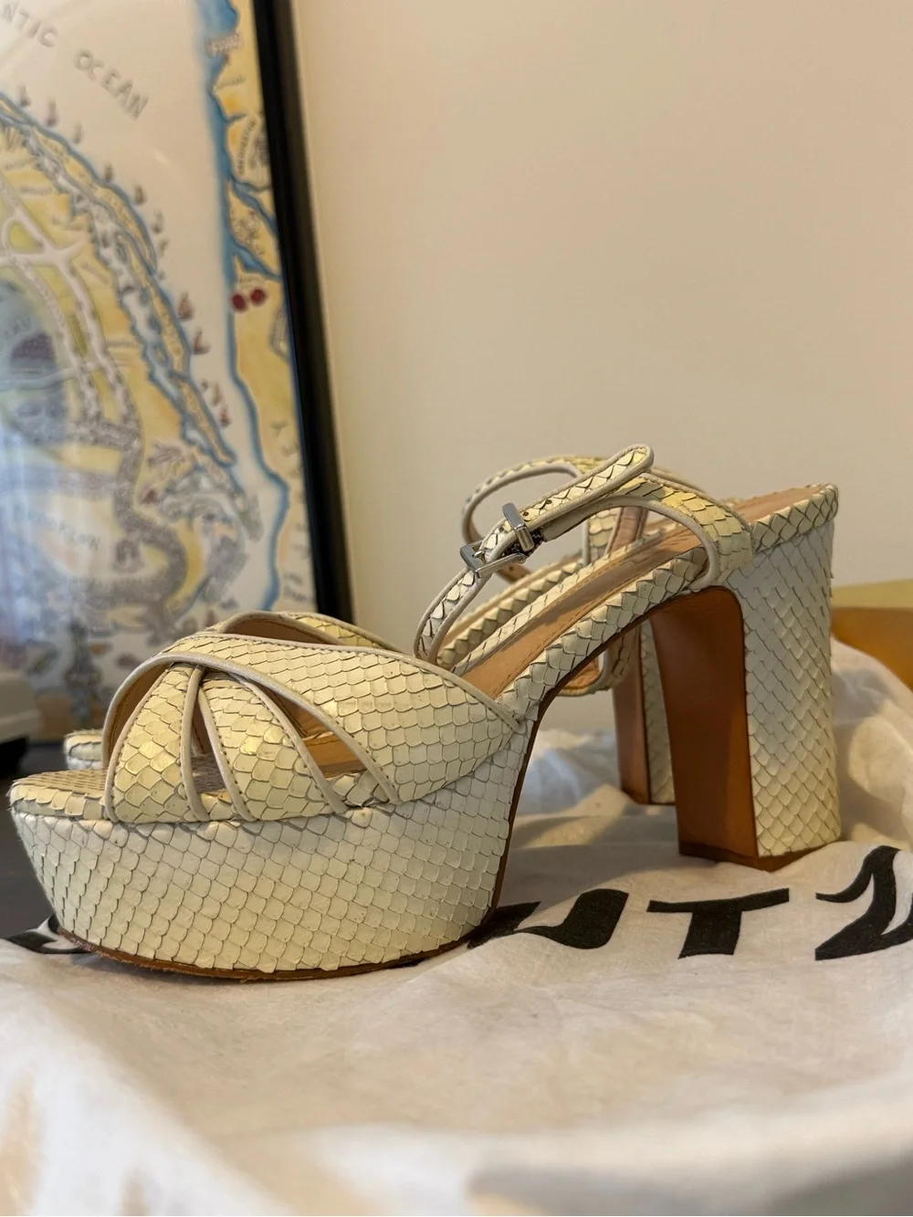 SCHUTZ Pale Cream Snake-Embossed Platform Sandals with Ankle Strap